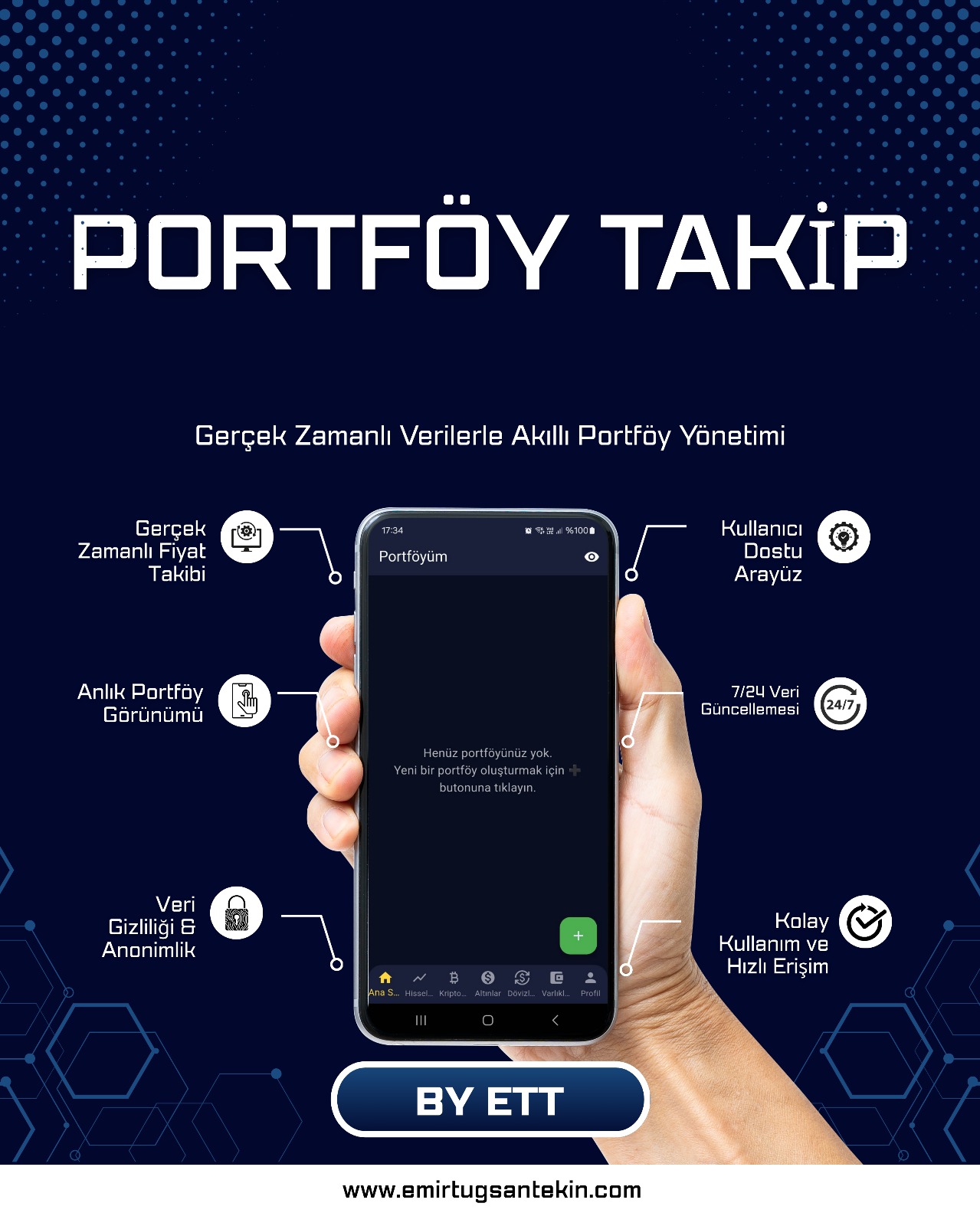 Portföy takip uygulaması ana ekran görüntüsü, gerçek zamanlı fiyat takip özellikleri ve kullanıcı dostu arayüz.